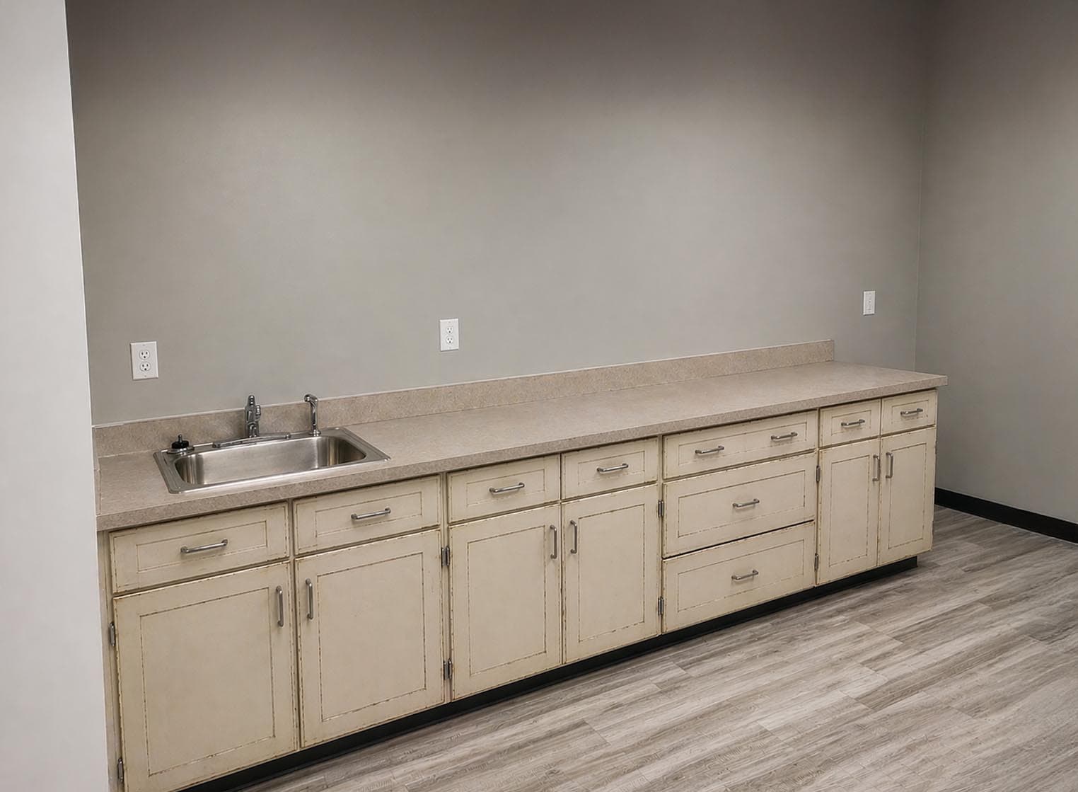 Charleston cabinet replacement — beige worn-out cabinets to light grey shaker — before
